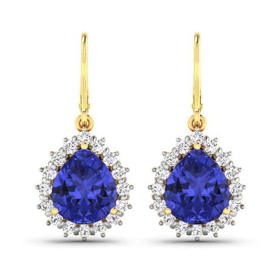 14K Yellow Gold Earrings 2.88 Carat Tanzanite Pears Cut with White Diamond  0.448ct (Vault_Q)