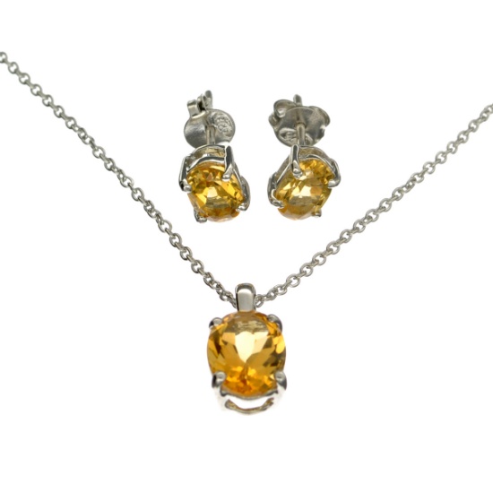 1.68CT Oval Cut Citrine Quartz Sterling Silver Pendant With 18" Chain And 1.60CT Oval Cut Citrine Qu