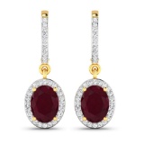 14K Yellow Gold Earrings 3 Carat Ruby Oval Cut with White Diamond  0.32ct (Vault_Q)