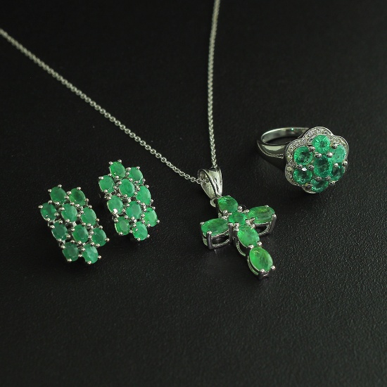 Emerald Ring Size 7, Earrings, and Pendant Sterling Silver Collection