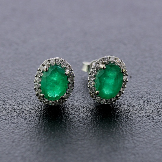 Awesome Emeralds Surrounded by Diamonds in White Gold Set Earrings! (Vault_Q)
