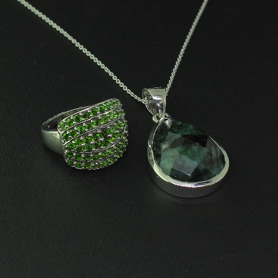 Chrome Diopside Ring Size 6.5 and Emerald Pendant Sterling Silver Collection