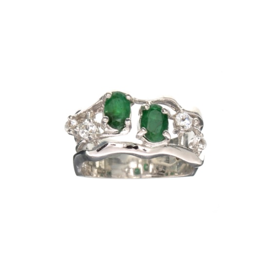 1.20CT Green Emerald and White Topaz Sterling Silver Ring