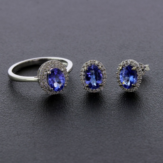 Auction Opportunity Tanzanite Set! 14KT White Gold and 2.00CTW Tanzanite Earrings and Ring with Stun