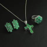 Emerald Ring Size 7, Earrings, and Pendant Sterling Silver Collection