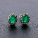 Awesome Emeralds Surrounded by Diamonds in White Gold Set Earrings! (Vault_Q)