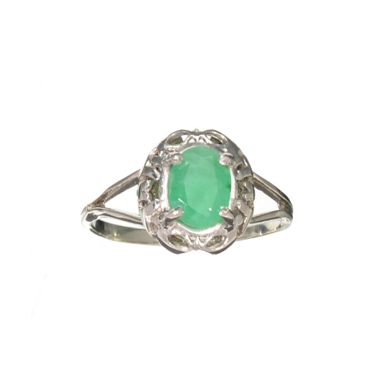 0.96CT Oval Cut Green Emerald And Sterling Silver Ring