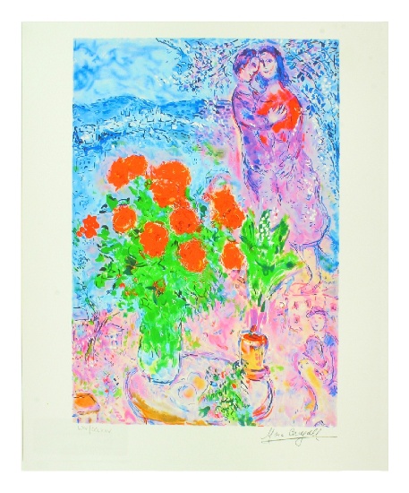 MARC CHAGALL Red Bouquet with Lovers Mini Print 10in x 12in, with Certificate LIX of CCLXXV