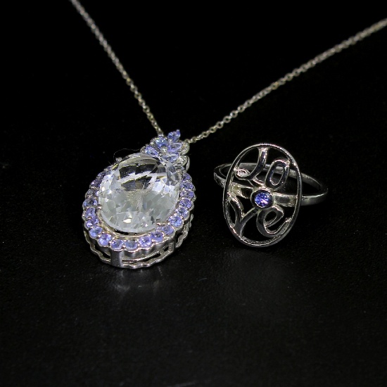Tanzanite Ring Size 7 and Aquamarine Pendant Sterling Silver Collection