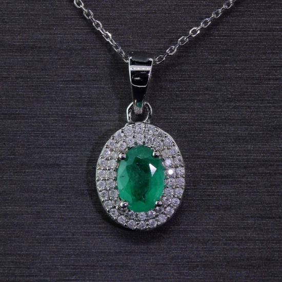 Remarkable Zambian Emerald Pendant with Diamonds and 14kt White Gold Necklace! (Vault_Q)
