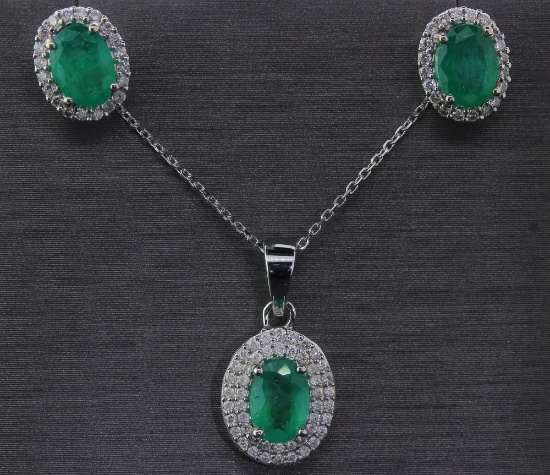 White Gold Emerald Set! High Quality Emeralds 1.68ctw Earrings and Pendant with Diamonds and Chain!