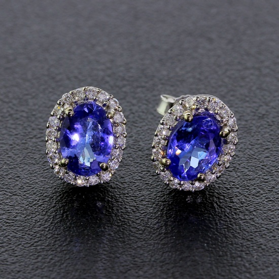 Dazzling 14KT White Gold Tanzanite Oval Cut Diamond Earrings! (Vault_Q)