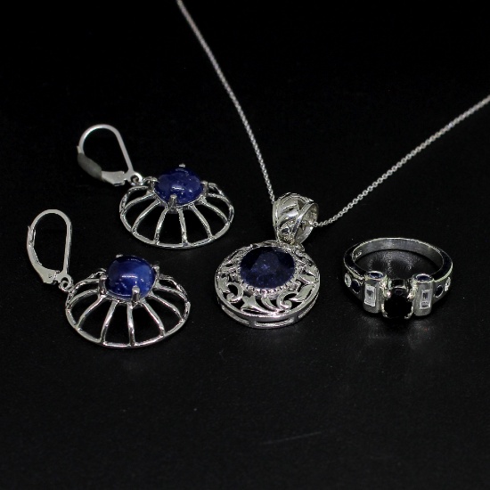Sapphire Ring Size 6, Earrings, and Pendant Sterling Silver Collection