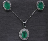 White Gold Emerald Set! High Quality Emeralds 1.68ctw Earrings and Pendant with Diamonds and Chain!