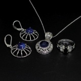 Sapphire Ring Size 6, Earrings, and Pendant Sterling Silver Collection