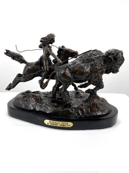 Buffalo Hunt Bronze by Frederic Remington Rendition 11in H x 16in L x 9in W 36lb (Vault_AS)