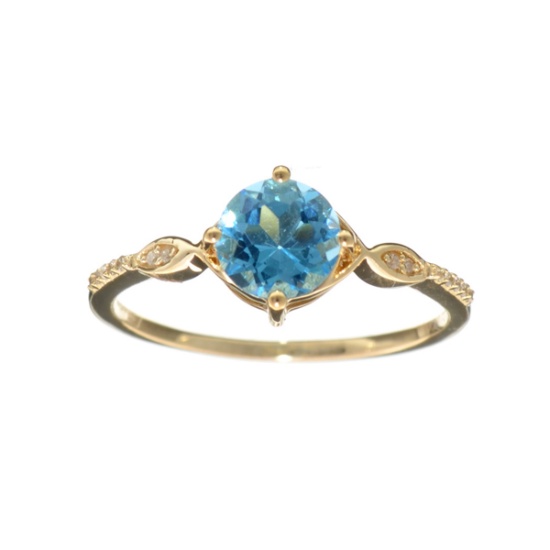 14KT. Gold 1.13CT Round Cut Blue Topaz and 0.03CT Round Brilliant Cut Diamond Ring