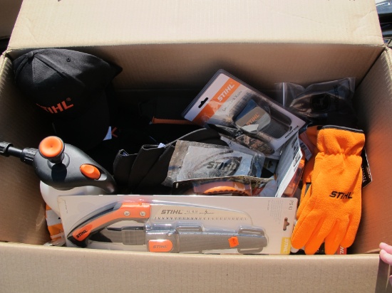 One large box of Stihl accessories;including hats, gloves, glasses, trimmer line, knives, saws