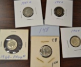 5 Roosevelt Dimes - 1951d, 1952, 1958, 2-1964