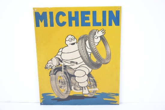 Rare Michelin Bibendum Riding a Motorcycle Holding Tires Metal Sign (TAC)