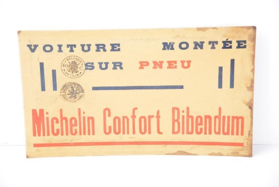 Michelin Confort Bibendum "Voiture Montee Sur Pneu" celluloid over metal easel back sign (TAC)