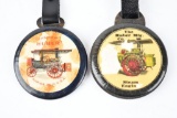 Lot of 2- The Huber Mfg. Co. Steam Engine Celluloid Watch Fobs