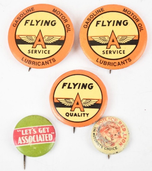 5-Celluloid Pinback Buttons, Flying A, Gilmore & Associated