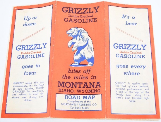 Circo 1930 Grizzly Gasoline Road Map of Montana, Idaho & Wyoming