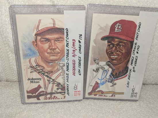 Lou Brock & Johhny Mize Perez Steele Postcard Auotgraph Lot of 2