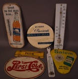 Box lot of Miscellaneous Thermometers and small Signs