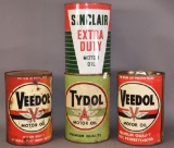 4-Five Quart Round Metal Motor Oil Cans