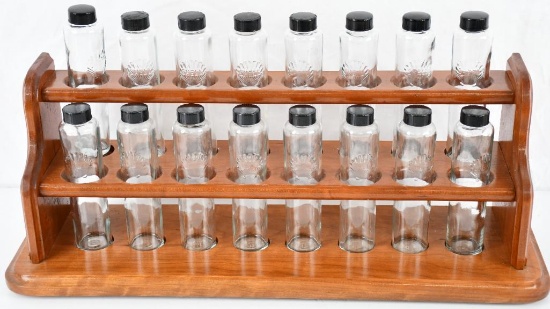 16-Shell Embossed Glass Sample Bottles in Wood Rack