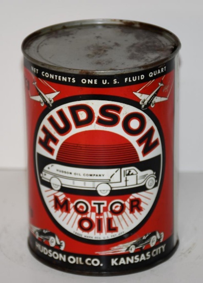 Hudson Motor OIl w/Truck, Planes & Race Cars Quart Metal Can