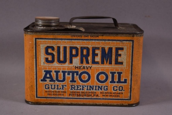 Gulf Supreme Heavy Auto Oil Squatty Metal Can