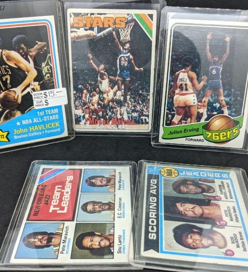 Lot of 5 1970s NBA Basketball Cards Incl: Moses Malone Rookie DR J Jabbar Maravich & More