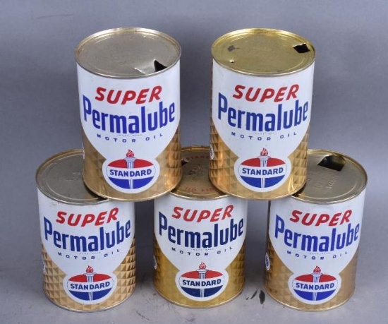 5-Standard Super Permalube Motor Oil Quart Metal Cans