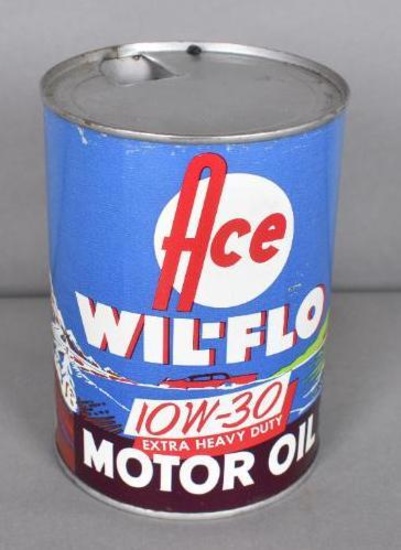 Ace Wil-Flo Motor Oil w/Can One Quart Round Metal Can