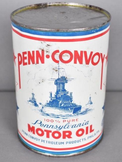 Penn-Convoy Motor Oil w/Battleship Logo Quart Round Metal Can
