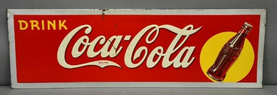 Drink Coca-Cola w/Bottle in Yellow Spot Metal Sign