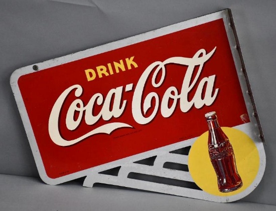 Drink Coca-Cola w/Bottle in Yellow Spot Metal Flange Sign