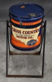 Cross Country Motor Oil Five Gallon Round Can Mounted in Holder