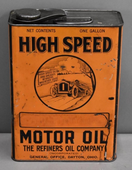 High Speed Motor Oil w/Race Car Scene One Gallon Flat Metal Can (TAC)