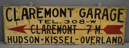 Claremont Garage Hudson-Kissel-Overland Wood Sign Ithaca