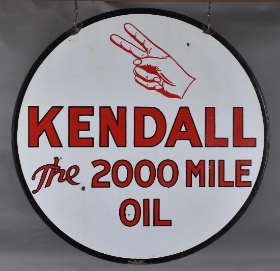 Hard to Find Kendall "the 2000 Mile Oil" w/Hand Logo Porcelain Sign (TAC)
