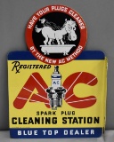 AC Spark Plug Cleaning Station Blue Top Dealer w/Sparky Logo Metal Flange Sign (TAC)