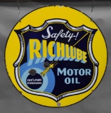 Richlube Safety! Motor Oil w/Race Car (Richfield) Porcelain Sign (TAC)