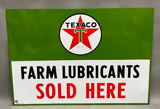 Texaco (white-T) Farm Lubricants Sold Here Porcelain Sign (TAC)