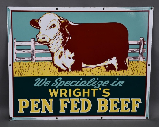 We Specialize in Wright's Pen Fed Beef w/Hereford Porcelain Sign (TAC)