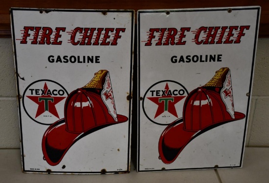 2-Texaco (white-T) Fire Chief Porcelain Pump Signs (TAC)