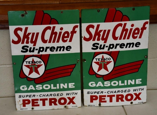 2-Texaco (white-T) Sky Chief Supreme Gasoline Porcelain Sign (TAC)